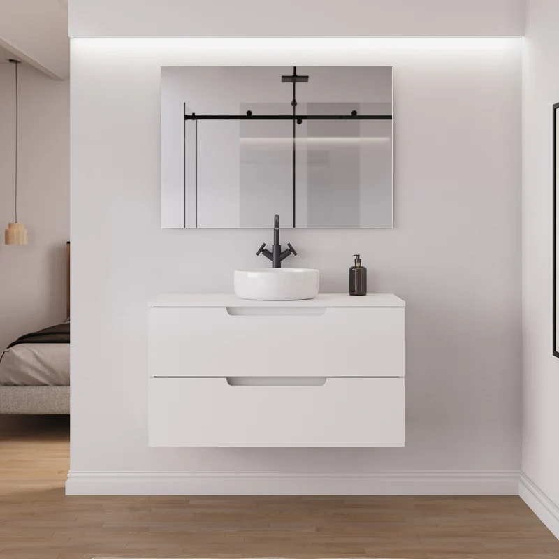 Meuble de salle de bain 90cm avec plateau et vasque à poser ronde - 2 tiroirs - SONRIZA