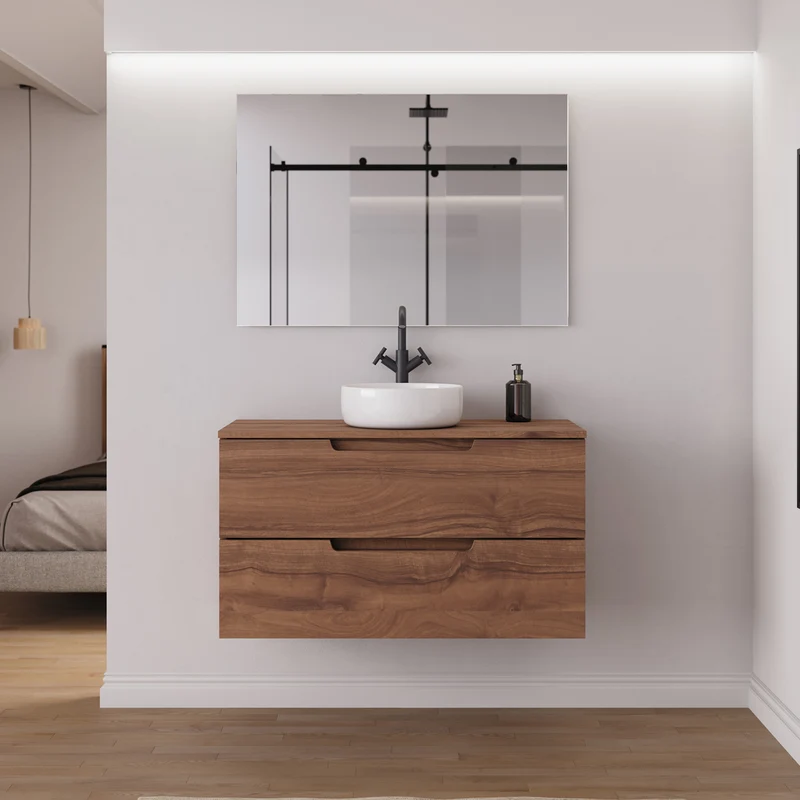 Meuble de salle de bain 90cm avec plateau et vasque à poser ronde - 2 tiroirs - SONRIZA