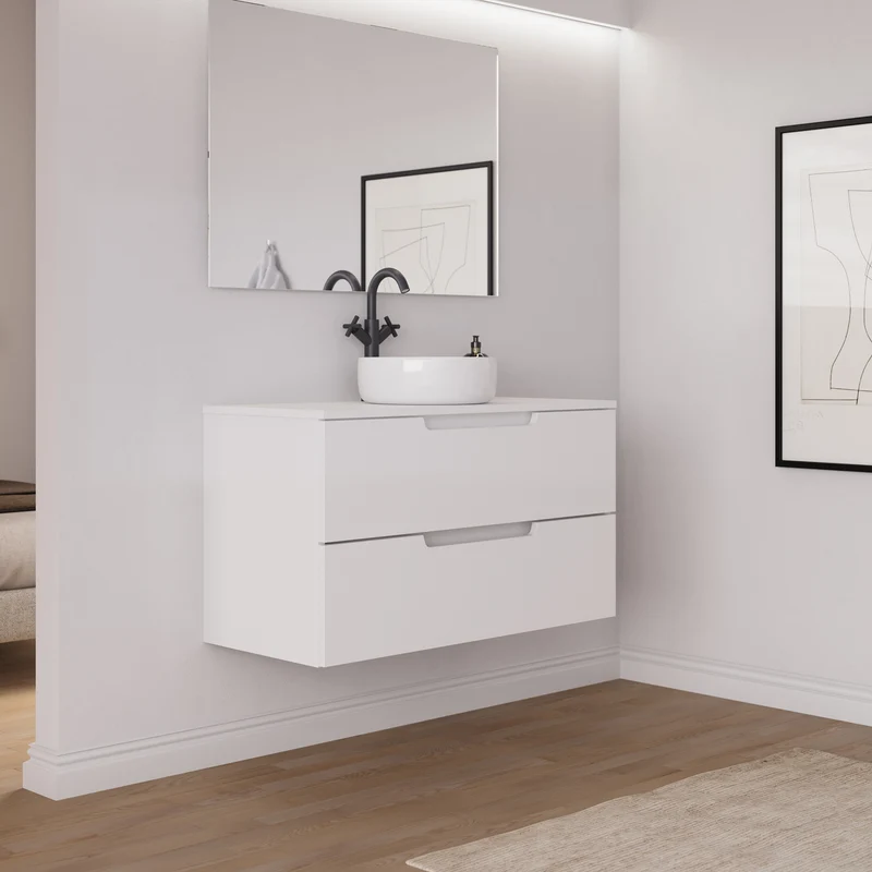 Meuble de salle de bain 90cm avec plateau et vasque à poser ronde - 2 tiroirs - SONRIZA