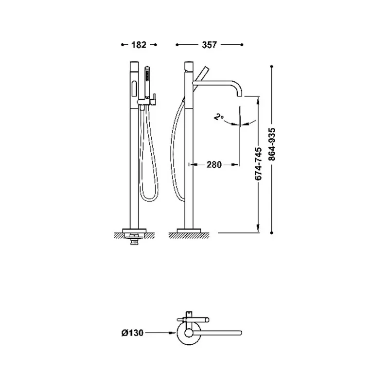 Grifo monomando de pie para bañera y ducha acabado negro mate con teleducha STUDY EXCLUSIVE TRES