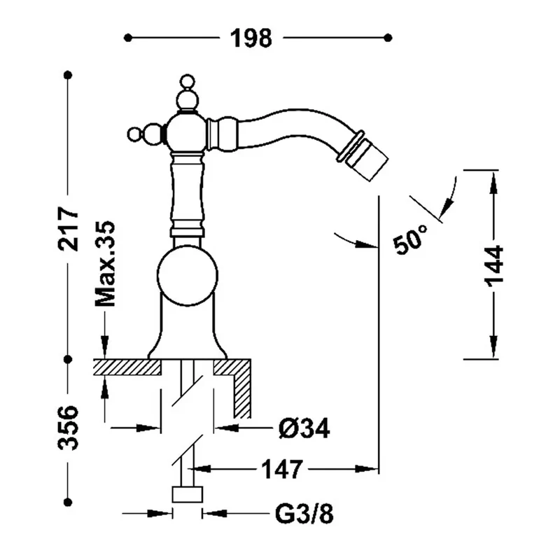 Grifo monomando para bidé con rótula orientable y maneta lateral con acabado latón viejo mate Tres Clasic Tres