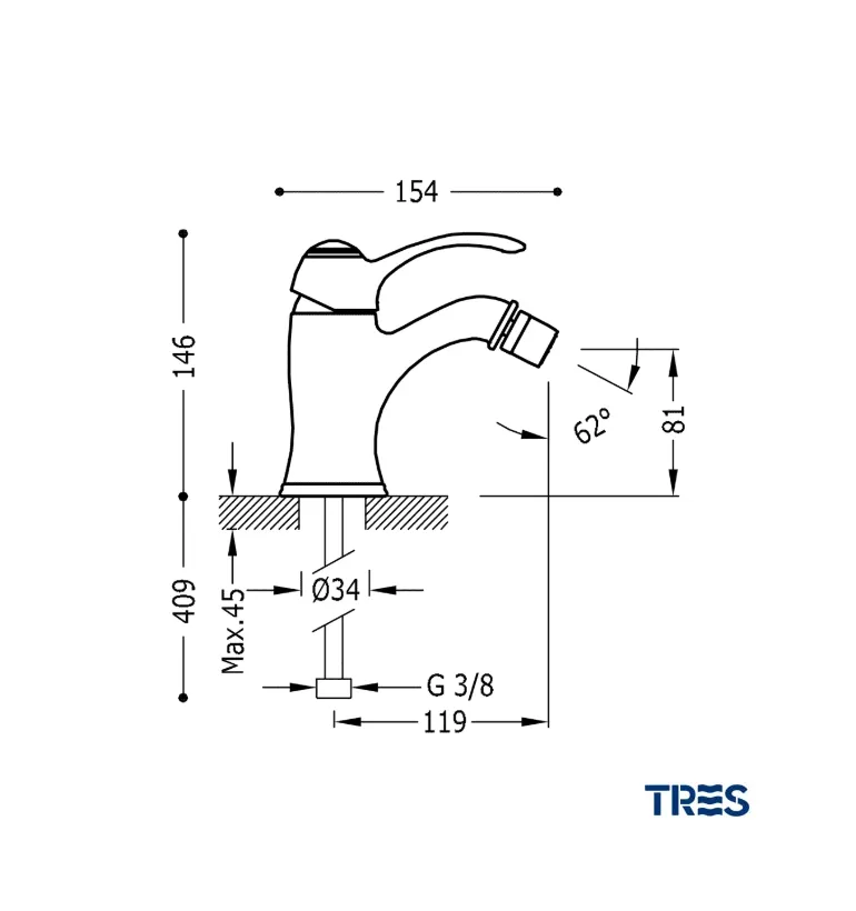 Grifo de bidé monomando vertical con rótula orientable y acabado cromado CLASIC TRES
