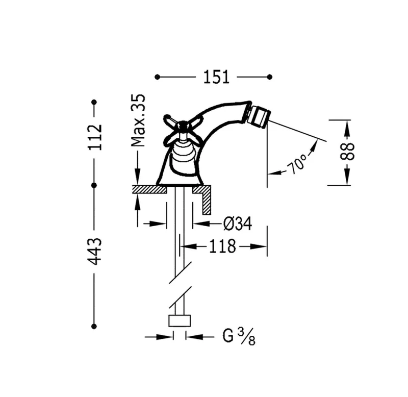 Grifo de bidé vertical bimando con regulador de temperatura acabado cromado CLASIC TRES