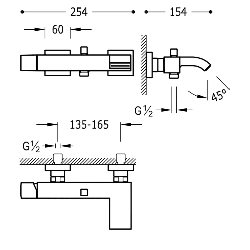 Grifo monomando de bañera y ducha para empotrar de forma rectangular, fabricado en latón negro mate, Cuadro TRES