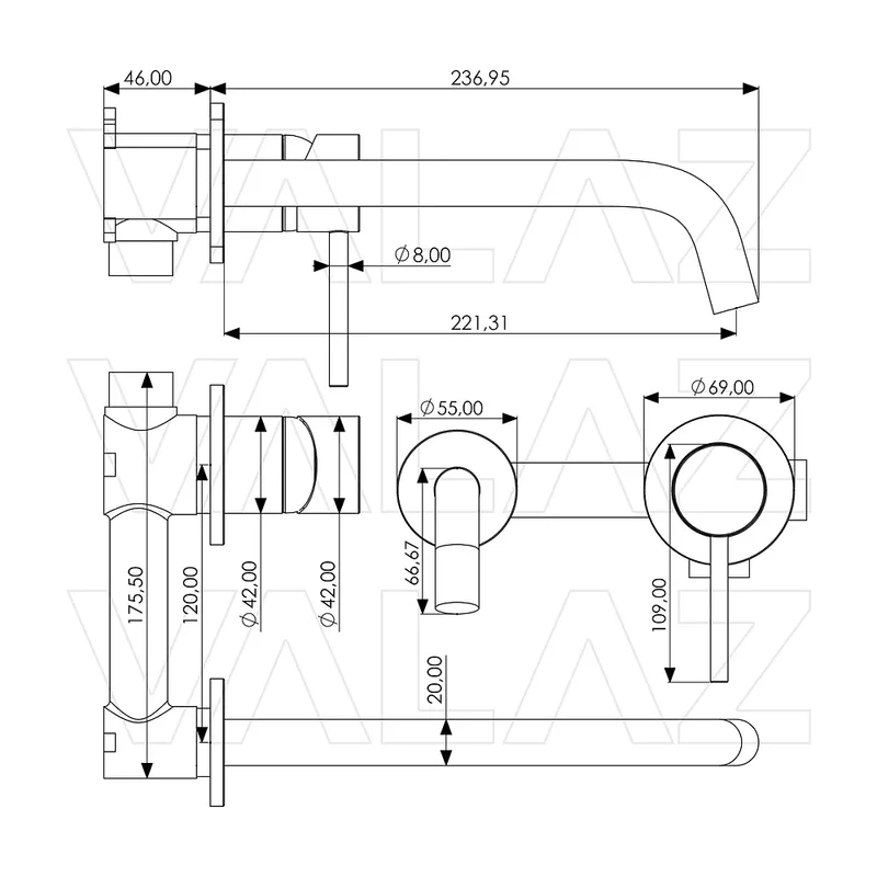 Grifo de lavabo empotrado monomando con caño de 21 cm en acero cepillado Deva de Valaz