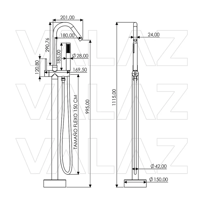 grifo de bañera exenta diseño redondo acabado oro mate con proteccion PVD Sella de Valaz