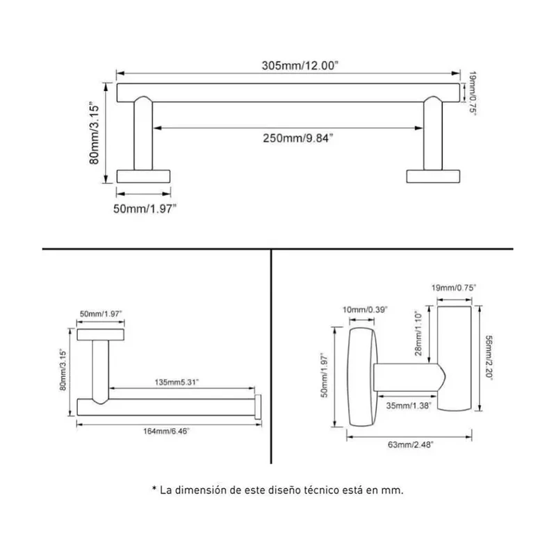 Accesorios de baño cromados con toallero de 30 cm, percha y portarrollos de Valaz