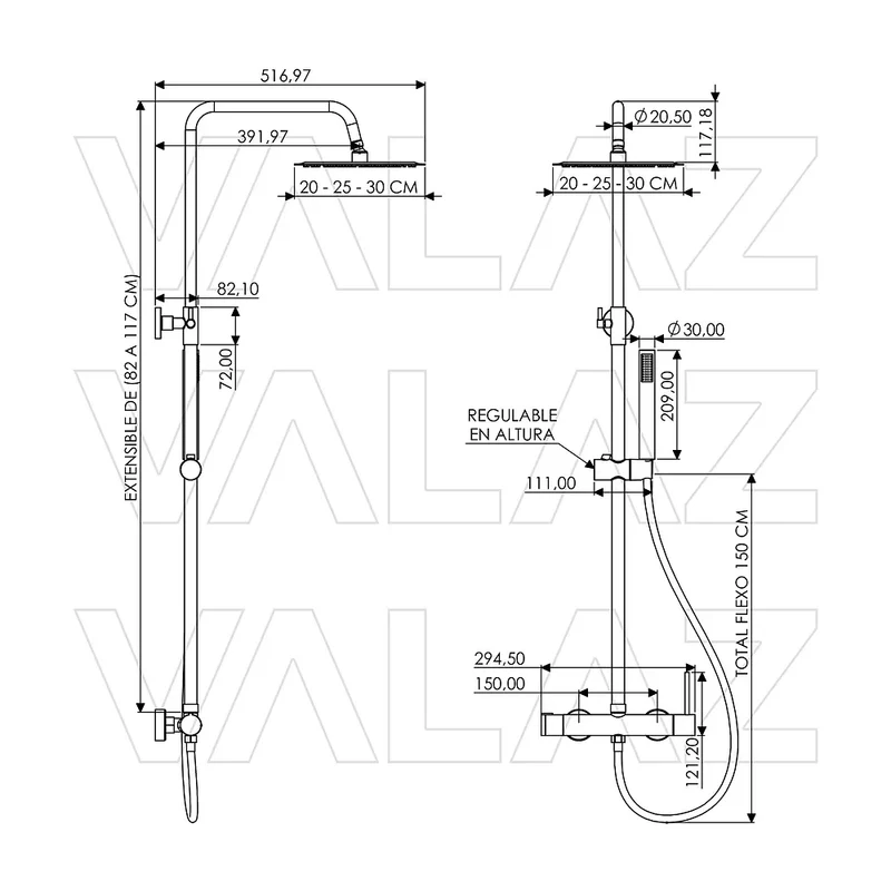 barra de ducha monomando redonda ajustable de 80 a 120 cm oro mate con protección PVD Palancia de Valaz