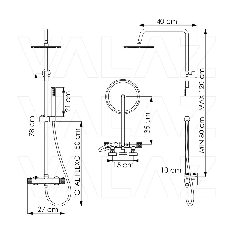 Barra de ducha termostática redonda en dorado cepillado ajustable de 80 a 120 cm Birim de Valaz