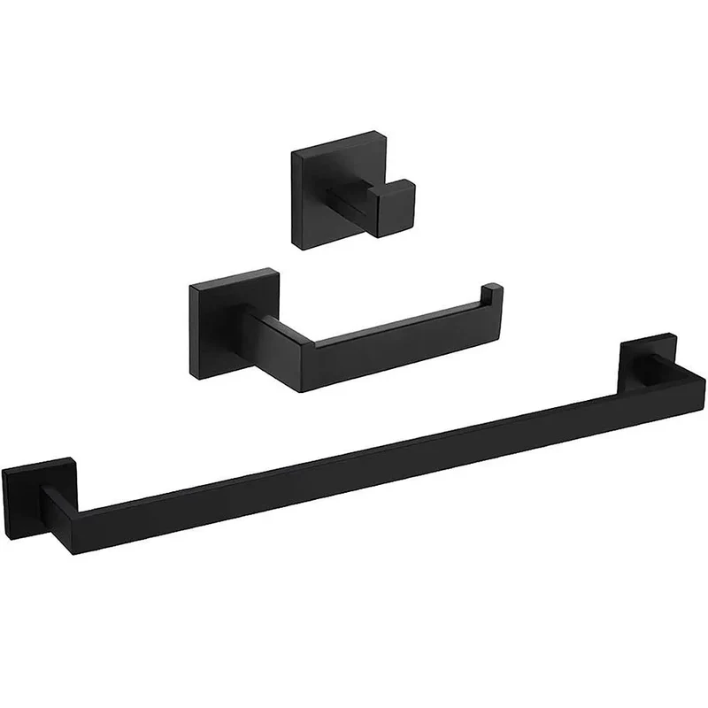 Accesorios de baño cuadrados negro mate con toallero portarollos y percha de Valaz
