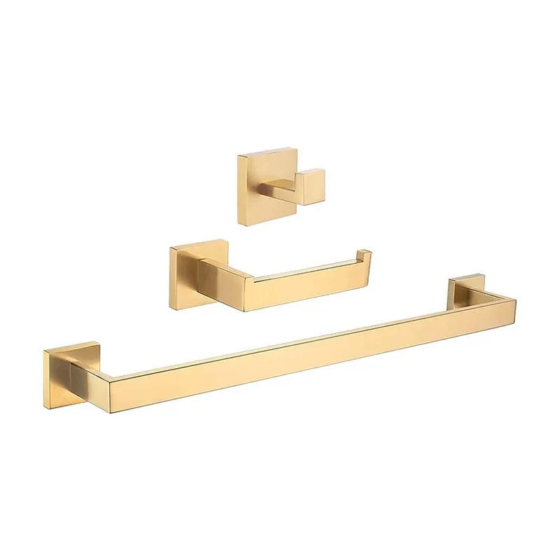Accesorios de baño cuadrados en dorado cepillado con toallero percha portarrollos de Valaz