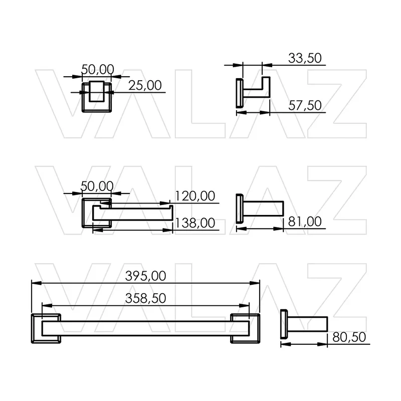 Accesorios de baño cuadrados en dorado cepillado toallero 2 perchas portarollos de Valaz
