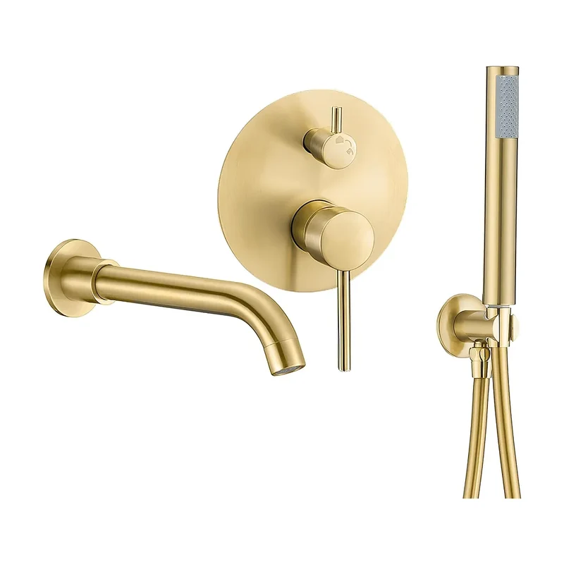 Grifo de bañera monomando empotrado oro mate proteccion PVD 2 vias alcachofa de mano y caño Jucar de Valaz