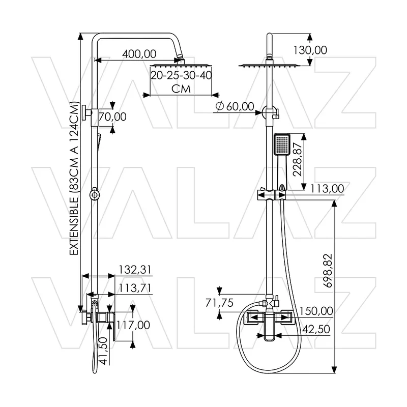 Barra de ducha monomando cuadrada negro mate extensible 80 a 120 cm Vinalopo de Valaz