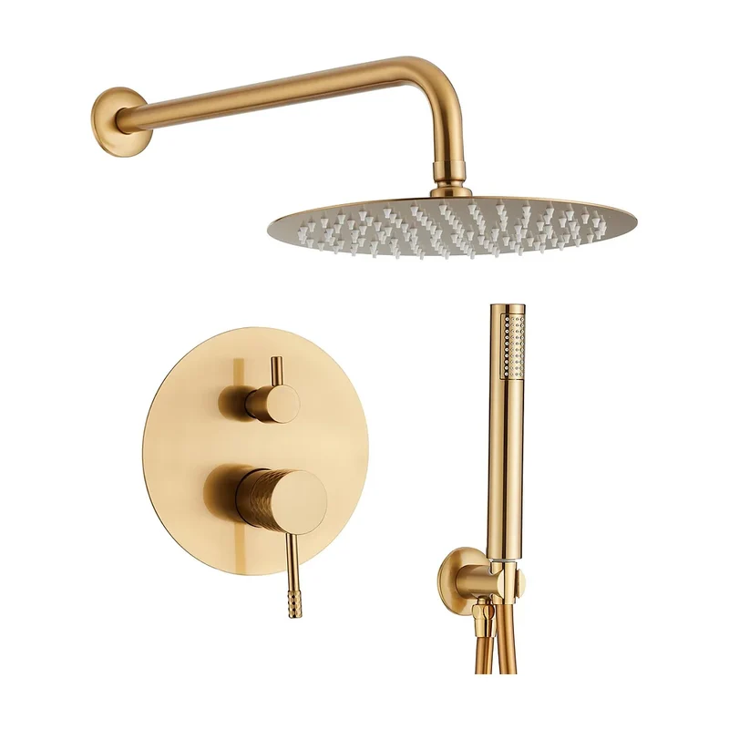 Ducha empotrada monomando a pared redonda con maneta luxury y rociador de 30 cm en dorado cepillado Ofin de Valaz