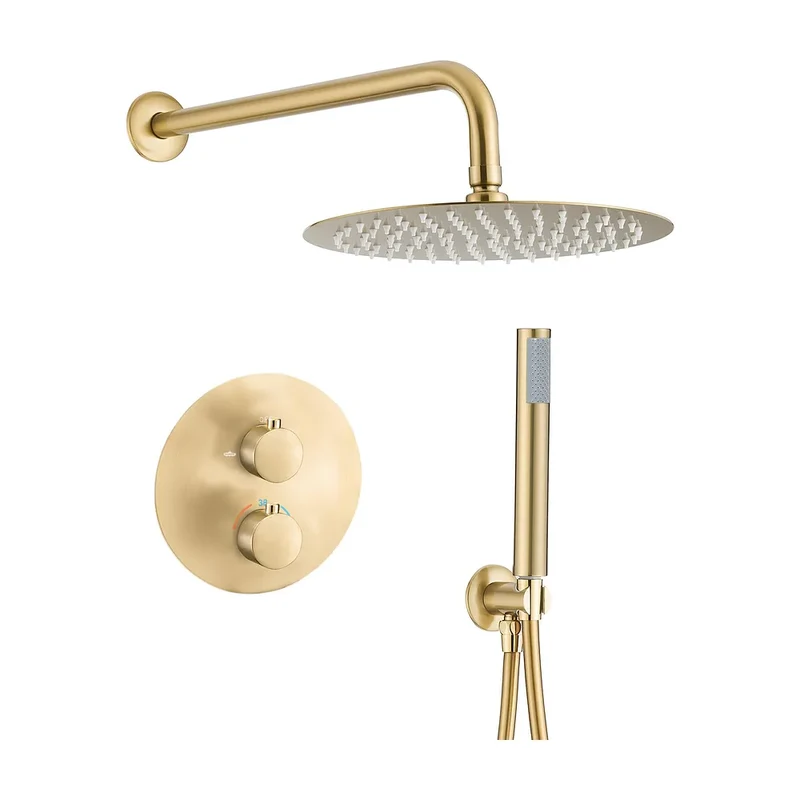 Ducha empotrada termostática a pared redonda con rociador de 20 cm en oro mate y PVD Júcar de Valaz