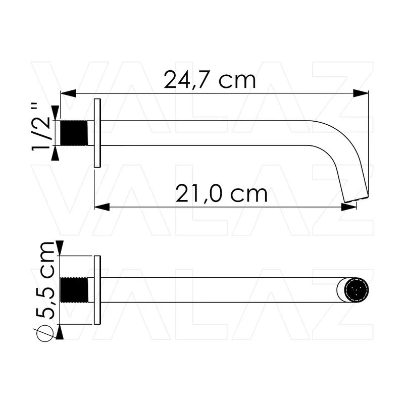 Caño redondo 21 cm en dorado cepillado con rosca 1/2 de Valaz