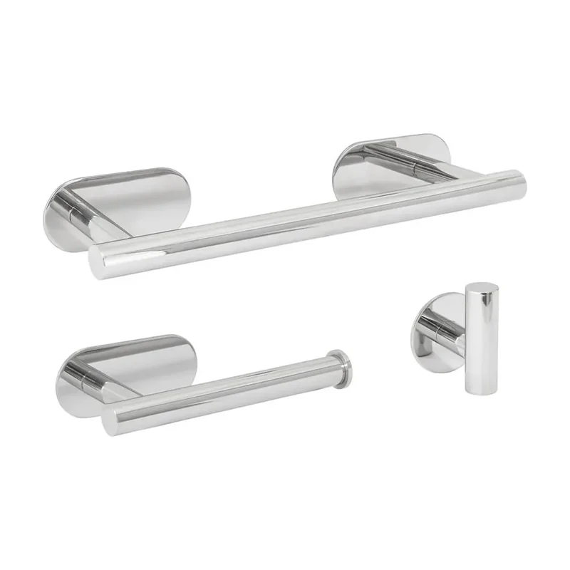 Set de Baño Adhesivo Valaz: Toallero 30 cm, Portarrollos y 3 Perchas en Cromo Brillante