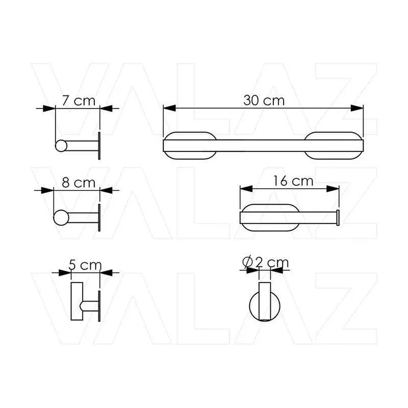 Set de Baño Adhesivo Valaz: Toallero 30 cm, Portarrollos y 3 Perchas en Cromo Brillante