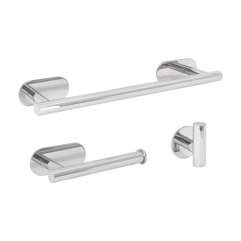 Accesorios de baño con instalación adhesiva sin taladro acabado cromado en acero SUS304 Incluye toallero de 40 cm Portarrollos y dos perchas Valaz