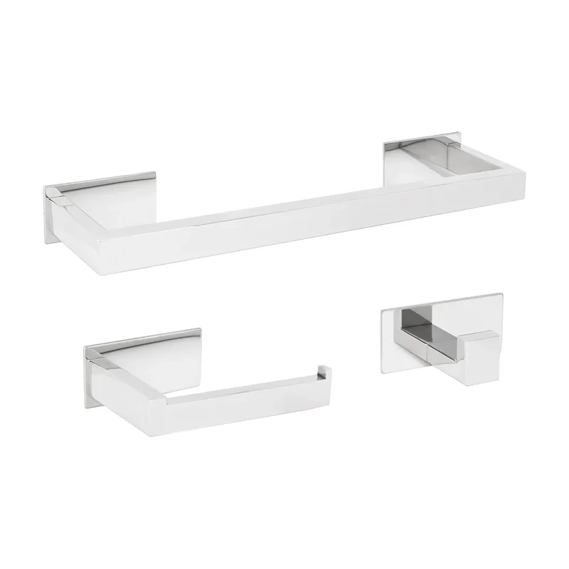 Accesorios de baño adhesivos sin taladro cromados cuadrados toallero 40 cm exterior portarollos 2 perchas Valaz