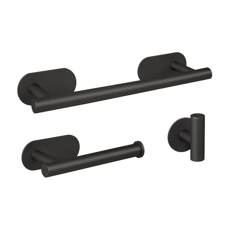 Set de Baño Adhesivo Negro Mate Valaz: Toallero 30 cm, Portarrollos y 3 Perchas sin Taladro