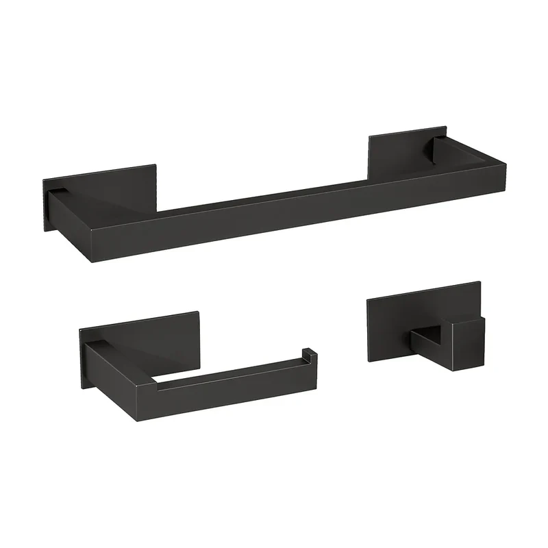 Accesorios de baño adhesivos con diseño cuadrado en negro mate Incluye toallero 40 cm exterior 35 cm interior Portarrollos y percha Valaz