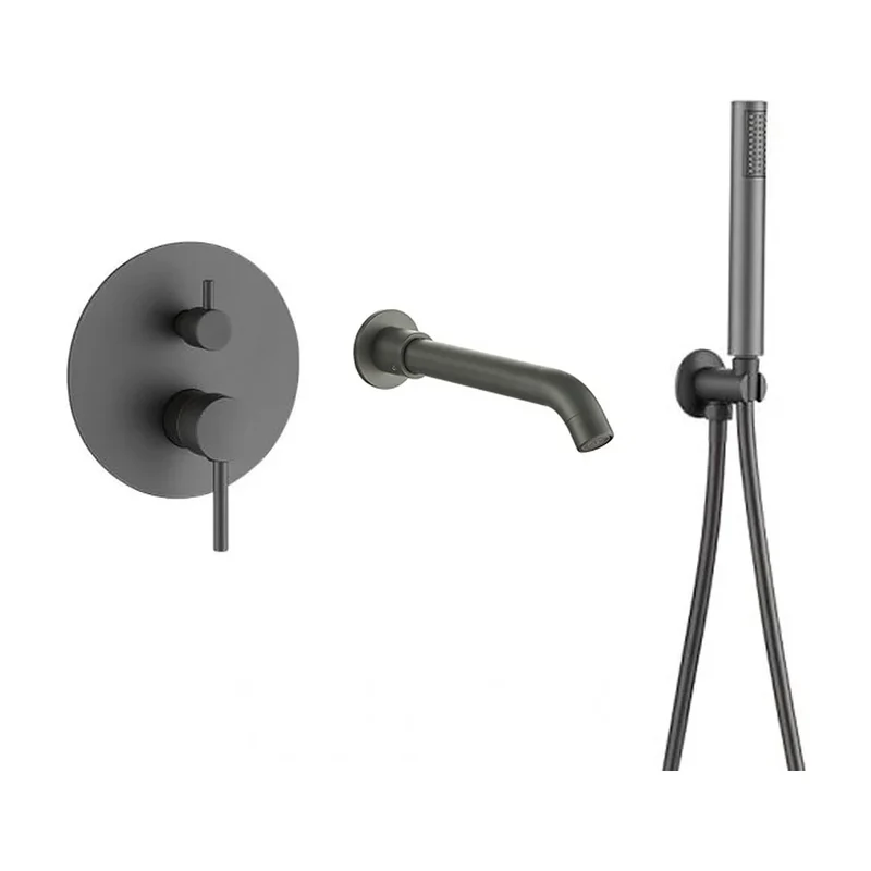 Grifo de bañera empotrado moderno gun metal dos vias dos salidas alcachofa y caño 21 cm flexo 150 cm Jucar de Valaz