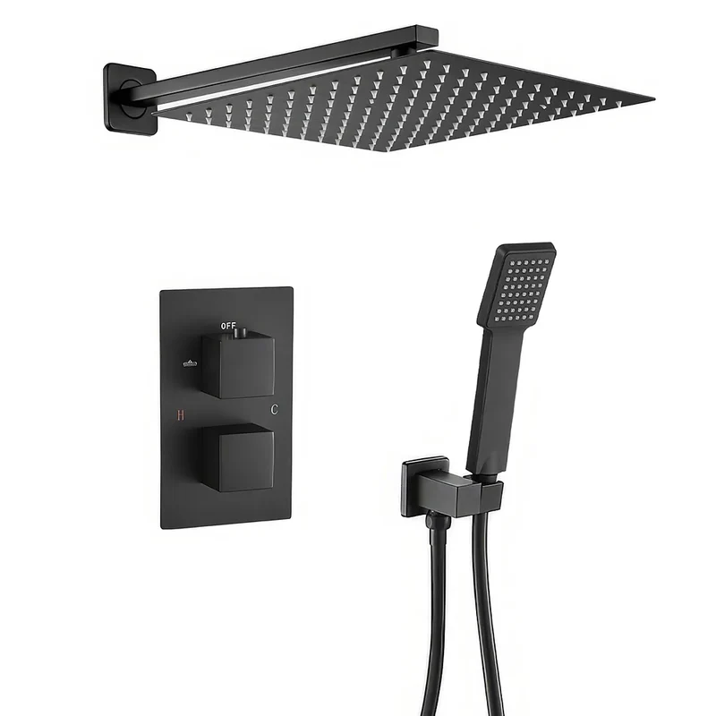 Ducha empotrada termostática a pared cuadrada con rociador de 30 cm en negro mate Eresma de Valaz