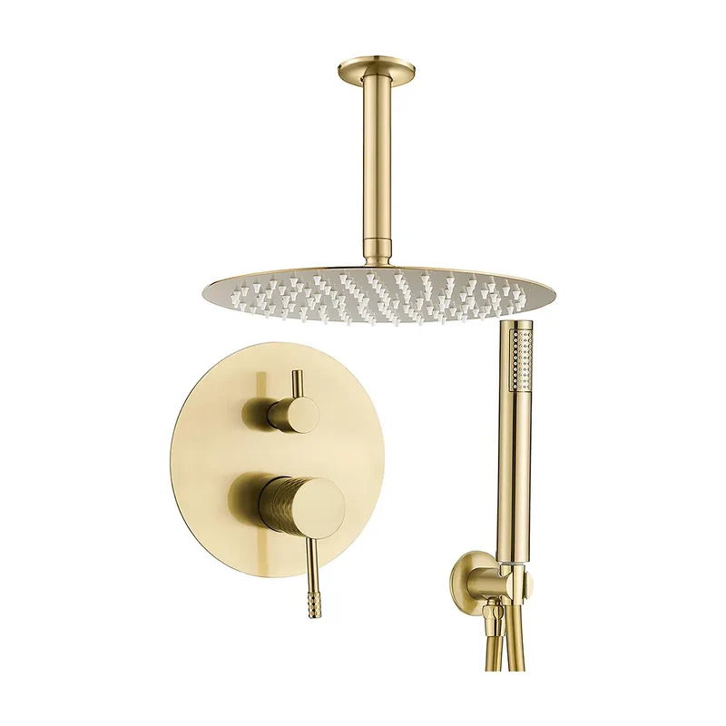 Ducha empotrada monomando a techo redonda con maneta luxury y rociador de 30 cm en dorado cepillado Ofin de Valaz