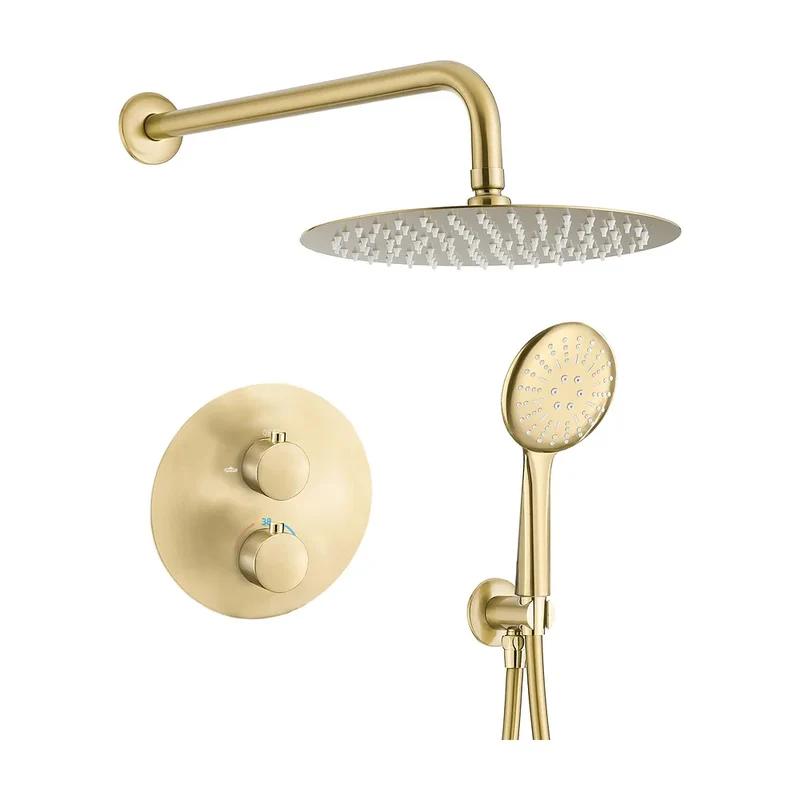 Ducha empotrada termostática a pared redonda con rociador de 30 cm en dorado cepillado Cabriel de Valaz