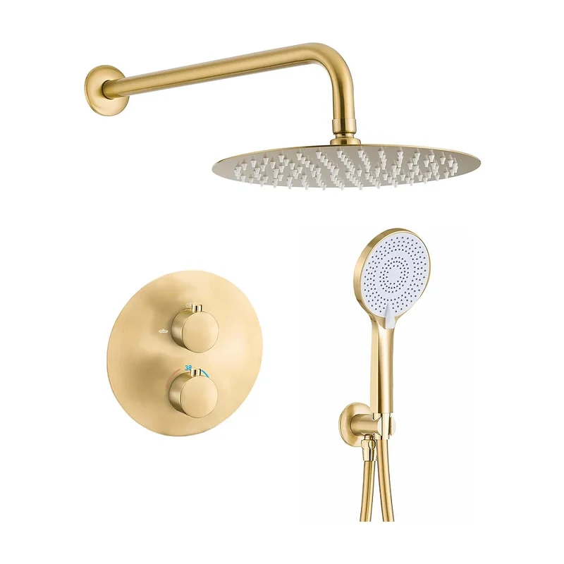 Ducha empotrada termostática a pared redonda con rociador de 30 cm en oro mate y PVD Cabriel de Valaz