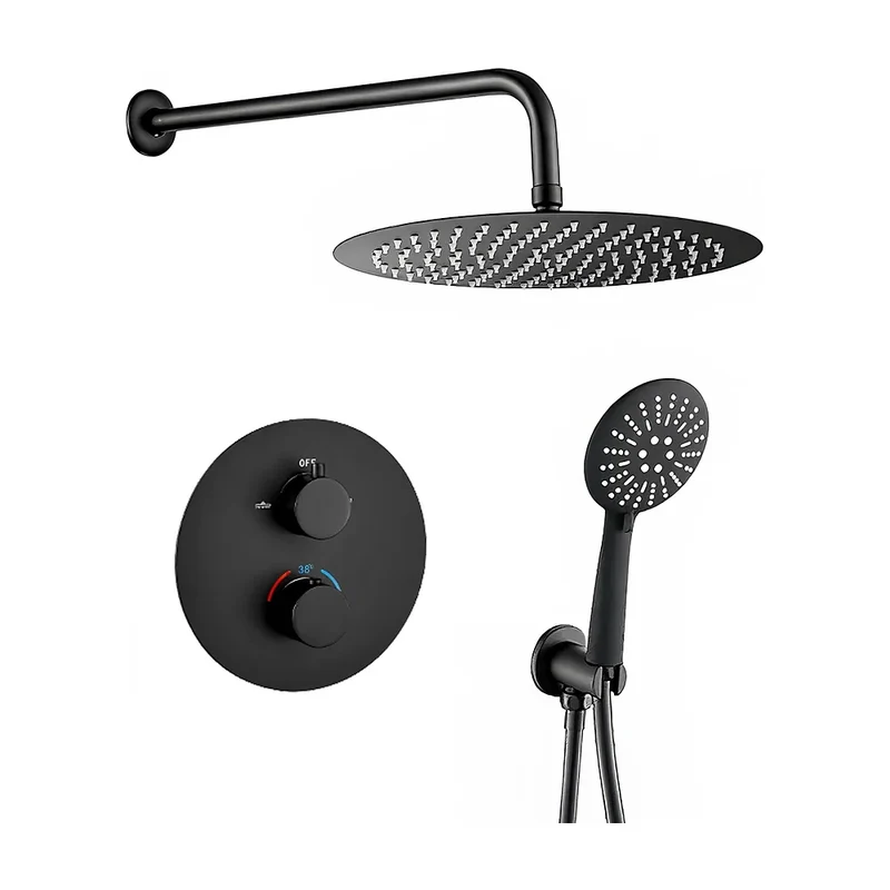 Ducha empotrada termostática a pared redonda con rociador de 30 cm en negro mate Cabriel de Valaz