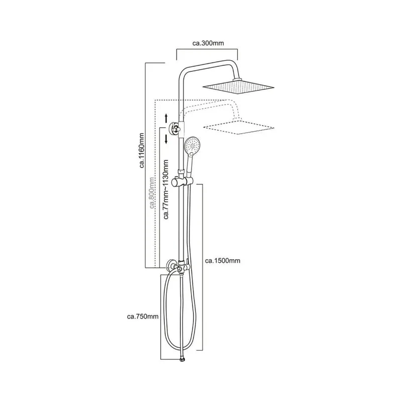Columna de ducha cromada cuadrada ajustable sin grifo rociador 20 cm de Valaz