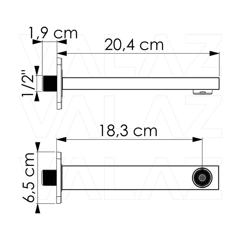 Caño cuadrado de diseño moderno y minimalista con acabado negro mate y rosca 1/2 de Valaz