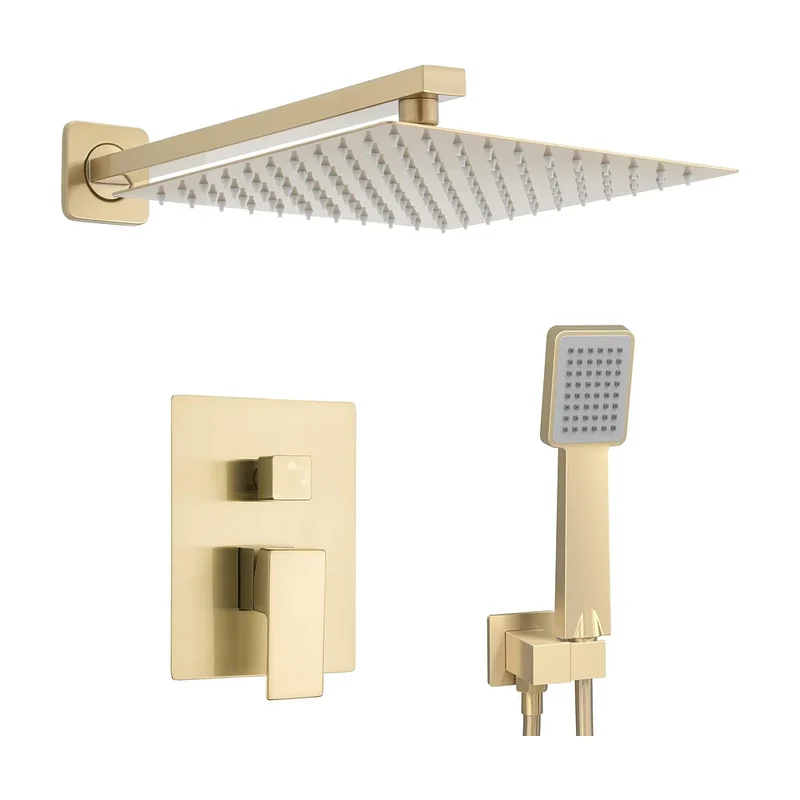 Ducha empotrada a pared cuadrada monomando de 2 vías con rociador de 25 cm en dorado cepillado Eresma de Valaz
