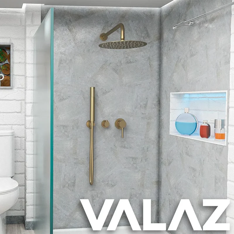 Ducha empotrada a pared monomando redonda de 2 vías con rociador de 30 cm en oro mate Guadiana de Valaz