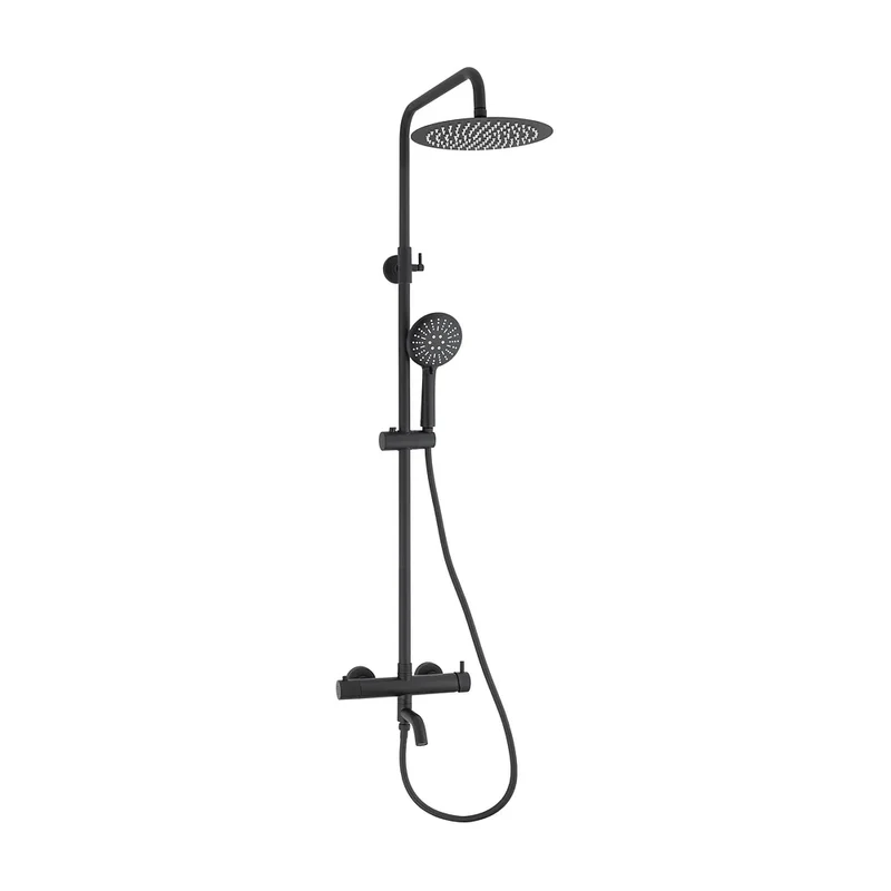 Barra de ducha monomando redonda negro mate altura 90 a 150 cm con rociador fijo y alcachofa Jabalón de Valaz