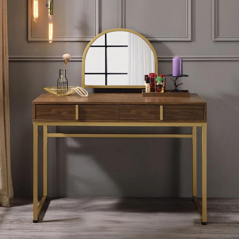 Coleen - 50" Vanity Desk With Mirror & Jewelry Tray - Walnut & Gold