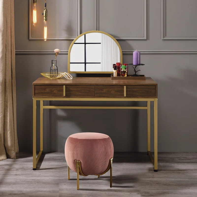 Coleen - 50" Vanity Desk With Mirror & Jewelry Tray - Walnut & Gold