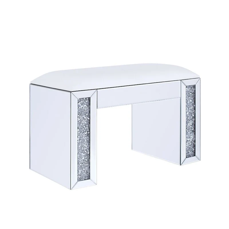 Noralie - Vanity Stool - Synthetic Leather , Mirrored & Faux Diamonds