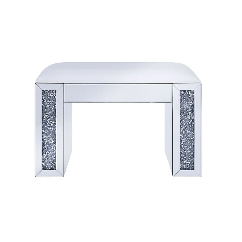 Noralie - Vanity Stool - Synthetic Leather , Mirrored & Faux Diamonds