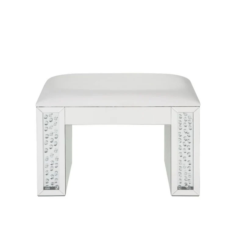 Nysa - Vanity Stool - Ivory Synthetic Leather , Mirrored & Faux Crystals
