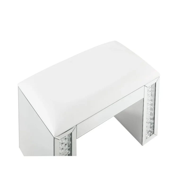 Nysa - Vanity Stool - Ivory Synthetic Leather , Mirrored & Faux Crystals