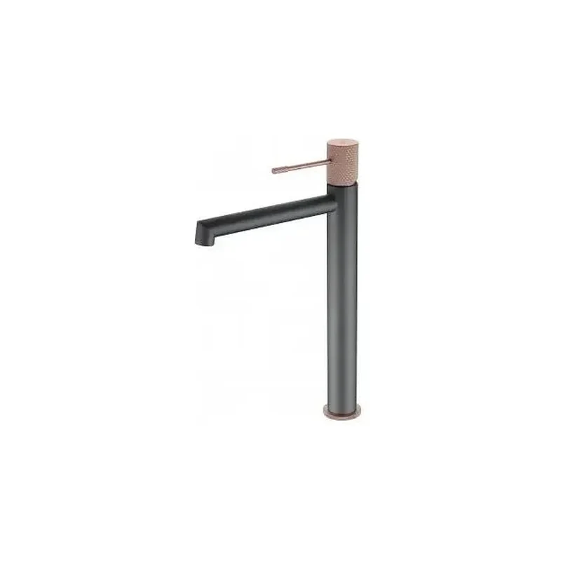 Grifo para lavabo con un diseño de caño alto en color gris mate y champagne Line de Imex