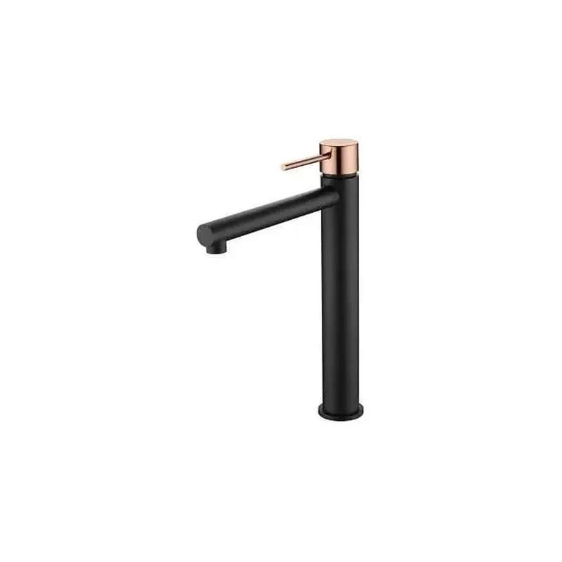 Grifo monomando para lavabo de caño alto fabricado en latón de acabado negro mate y oro rosa Stick Milos de Imex