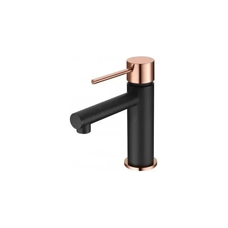 Grifo monomando para lavabo fabricado en latón con discos de cerámica en color negro y oro rosa Stick Milos de Imex