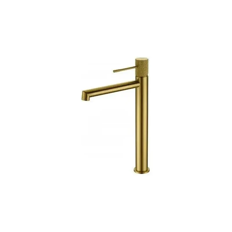 Grifo monomando para lavabo con un diseño de caño alto en color oro cepillado Line de Imex