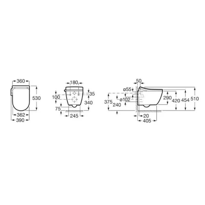 Inodoro suspendido smart de porcelana en color blanco para tanque empotrable con función de lavado y secado Ona Roca