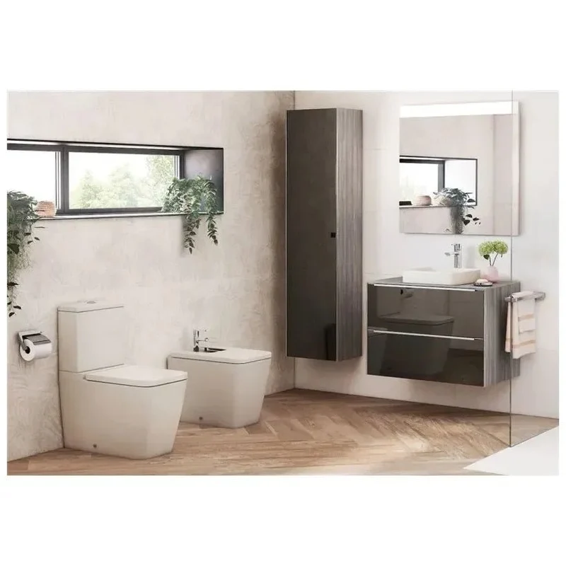 Inodoro completo para instalación adosada a pared fabricado en porcelana de color blanco Rimless Inspira Square Roca